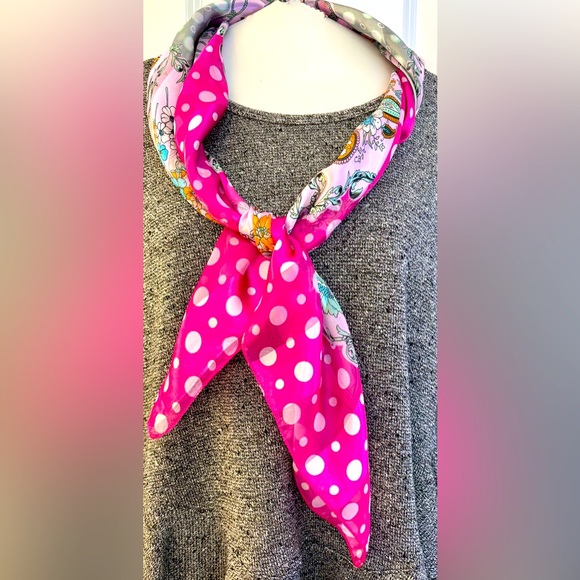 Pink Scarf polka dot & floral satiny nylon 38” square botanical business casual - Picture 2 of 4